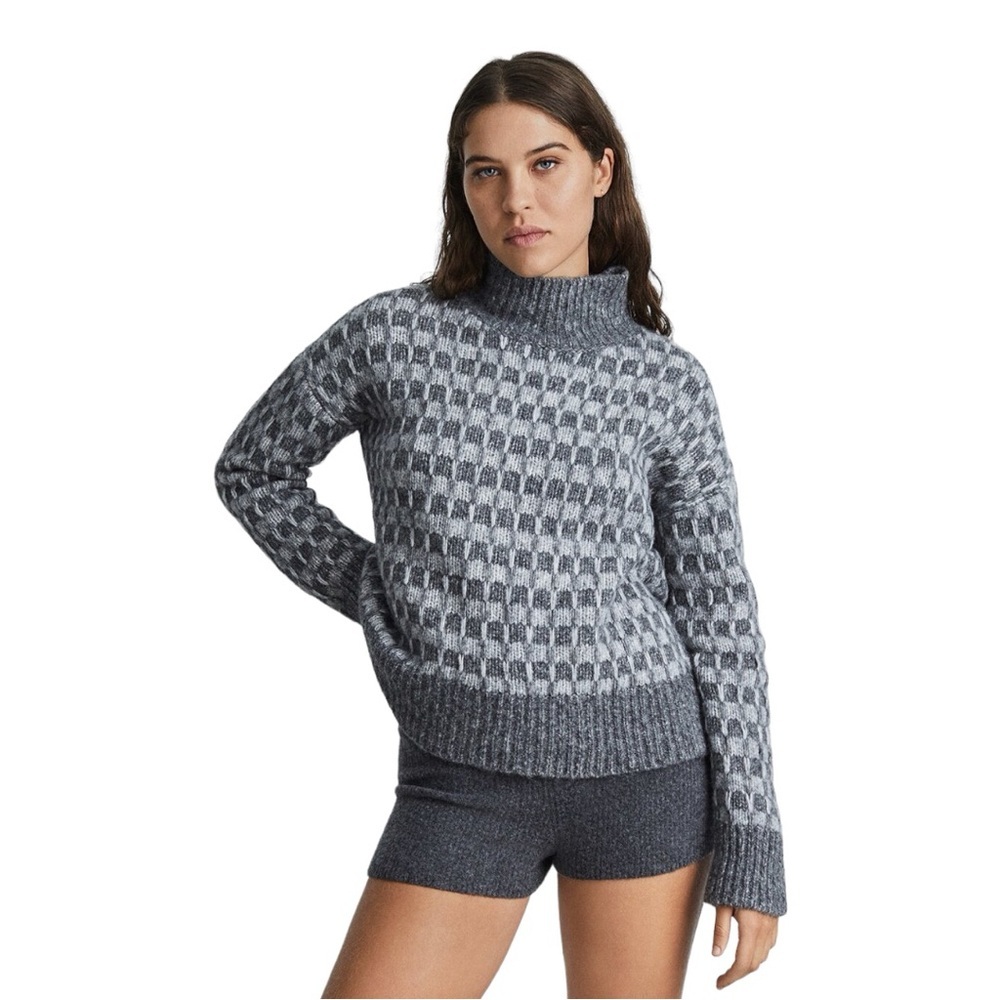 Everlane Checkered Wool Blend Turtleneck Sweater Women’s XS Gray‎ The Cloud